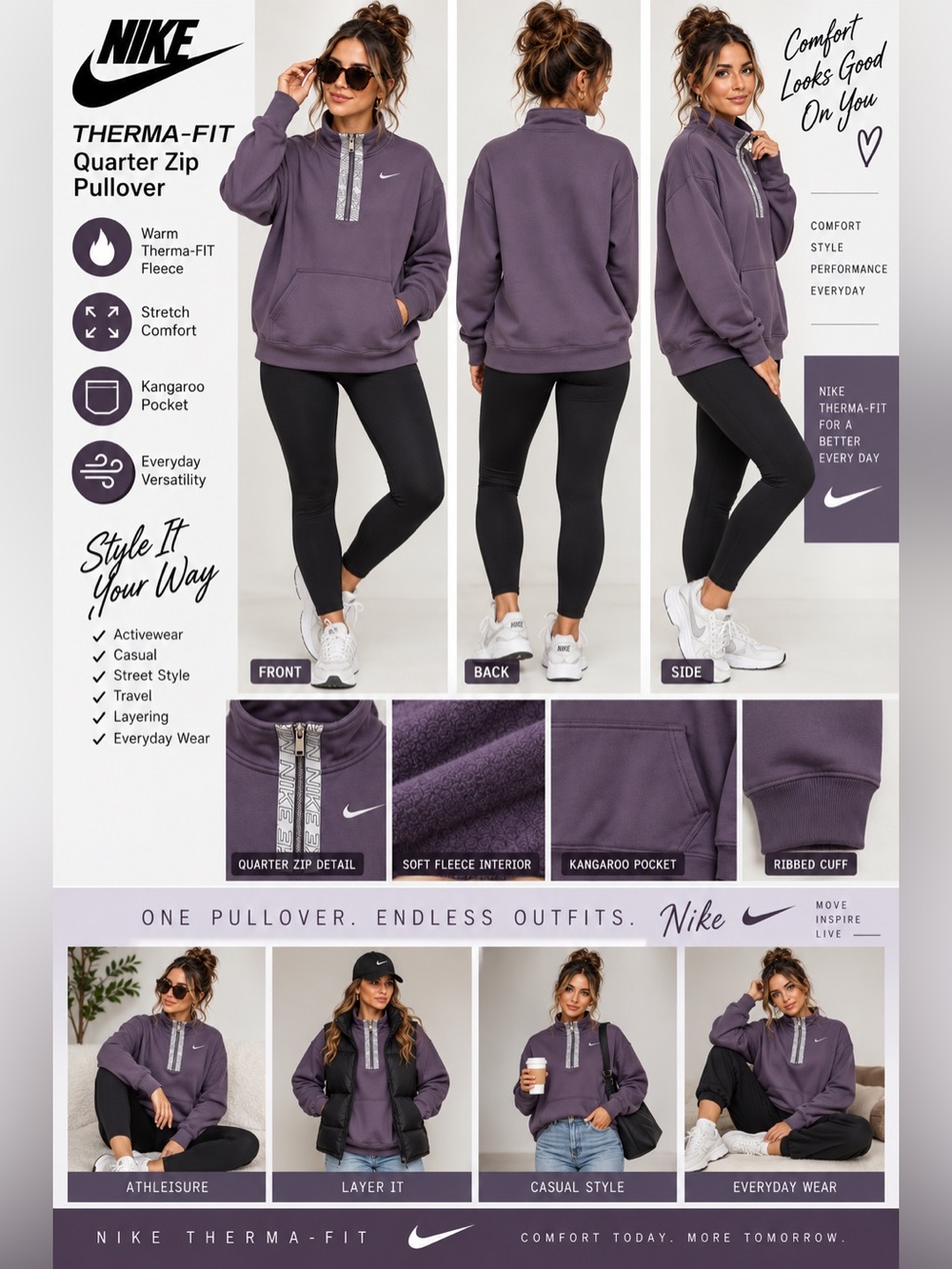 Nike Quarter Zip Pullover Sweatshirt Purple Women’s Medium Kangaroo Pocket